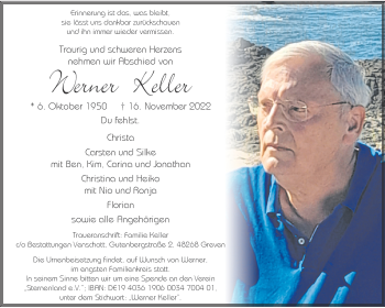 Anzeige von Werner Keller 