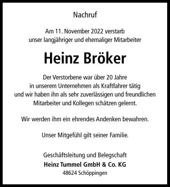 Anzeige von Heinz Bröker 