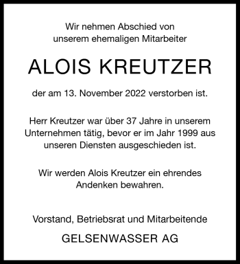 Anzeige von Alois Kreutzer 