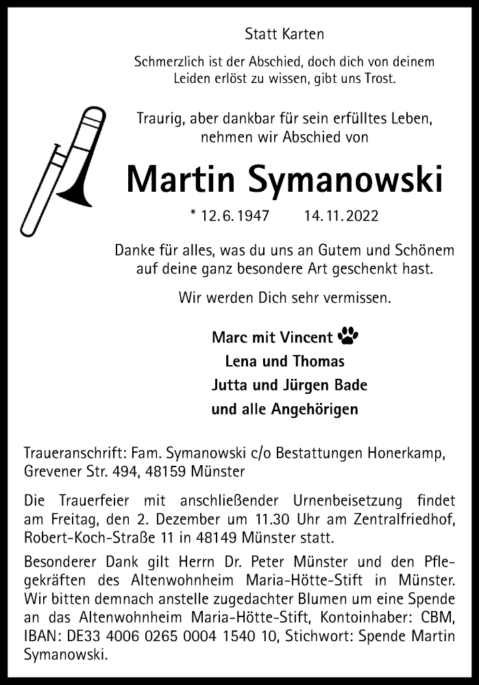  Traueranzeige für Martin Symanowski vom 26.11.2022 aus 