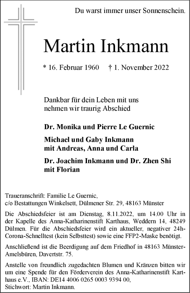  Traueranzeige für Martin Inkmann vom 05.11.2022 aus 
