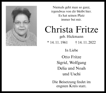 Anzeige von Christa Fritze 