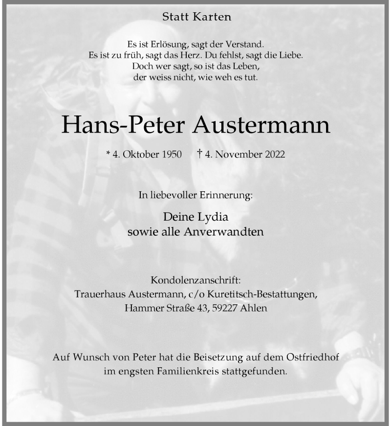  Traueranzeige für Hans-Peter Austermann vom 12.11.2022 aus 