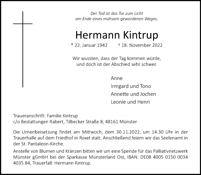  Traueranzeige für Hermann Kintrup vom 26.11.2022 aus 