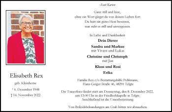 Anzeige von Elisabeth Rex 