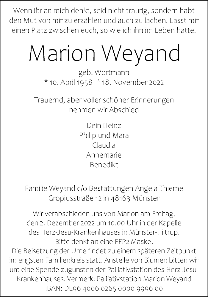  Traueranzeige für Marion Weyand vom 26.11.2022 aus 