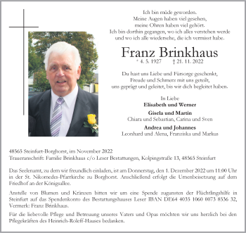 Anzeige von Franz Brinkhaus 