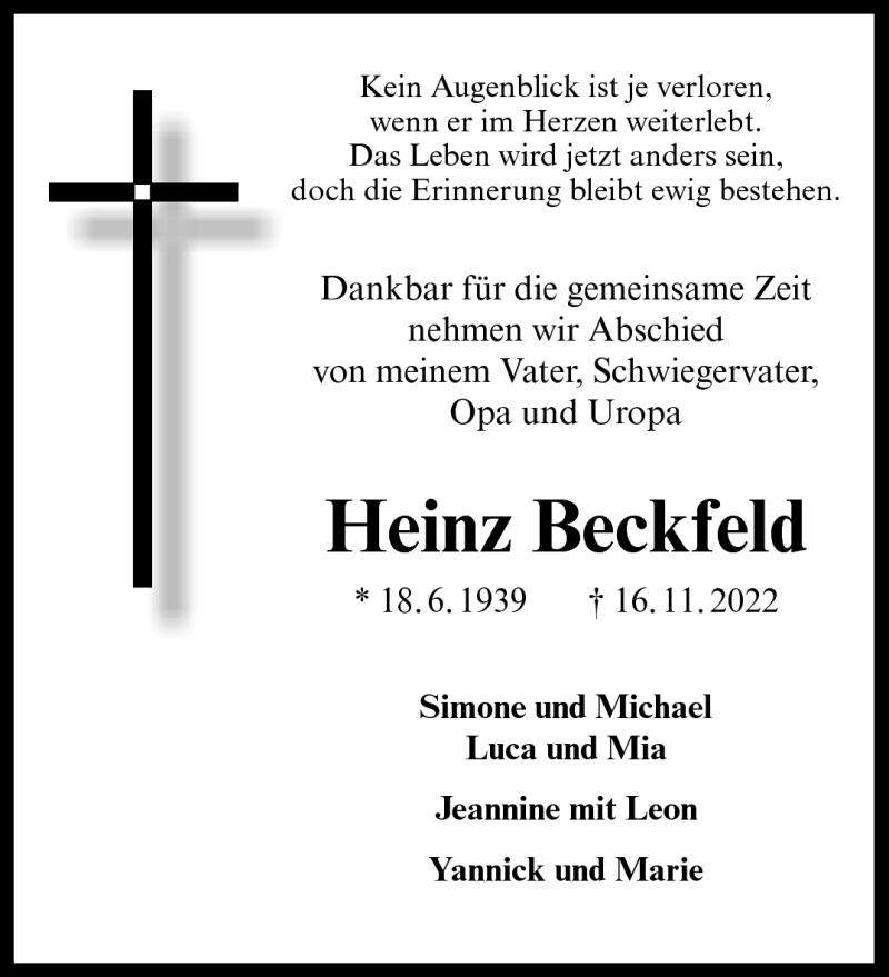  Traueranzeige für Heinz Beckfeld vom 19.11.2022 aus 