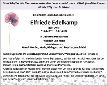 Anzeige von Elfriede Edelkamp 