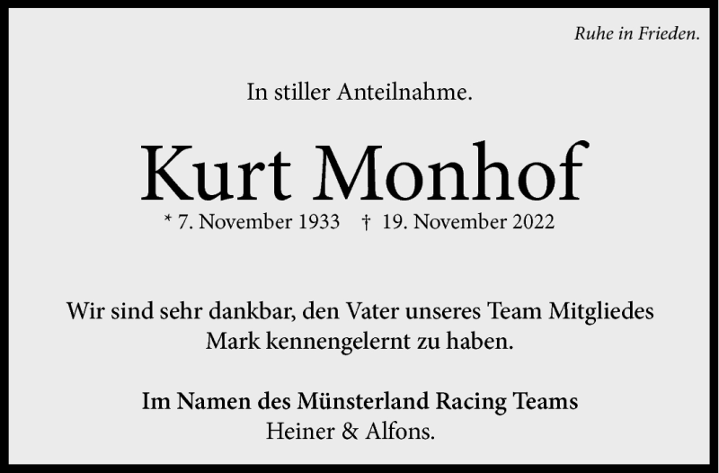  Traueranzeige für Kurt Monhof vom 23.11.2022 aus 