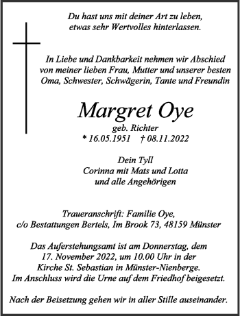 Anzeige von Margret Oye 