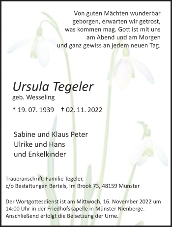 Anzeige von Ursula Tegeler 