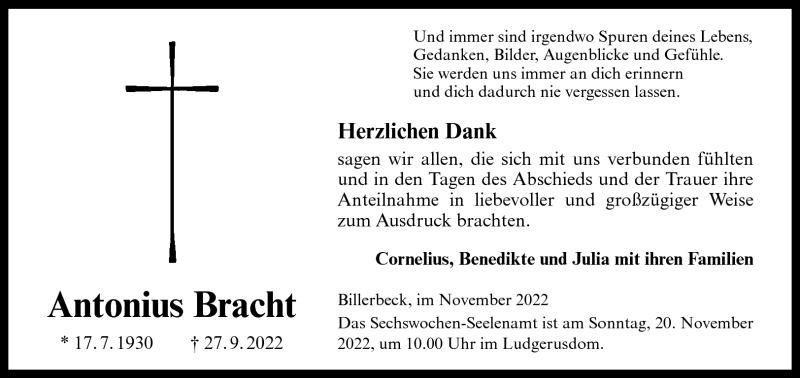  Traueranzeige für Antonius Bracht vom 16.11.2022 aus 
