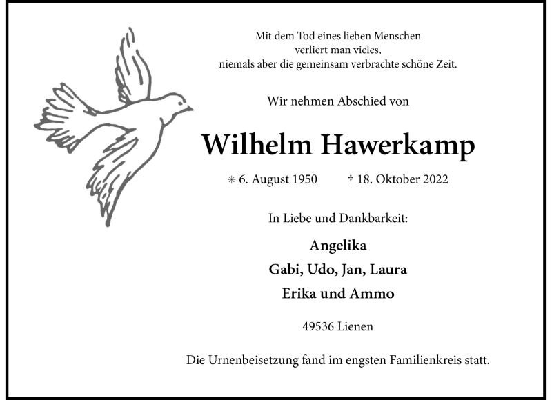  Traueranzeige für Wilhelm Hawerkamp vom 01.11.2022 aus 