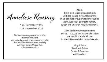 Anzeige von Anneliese Rensing 