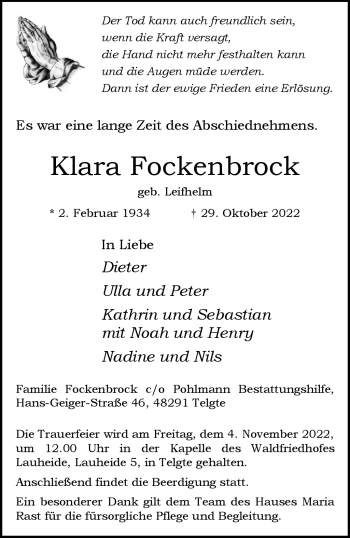 Anzeige von Klara Fockenbrock 