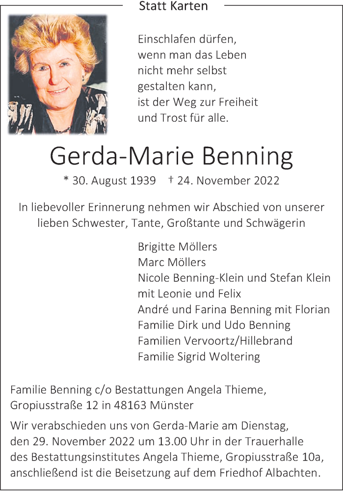  Traueranzeige für Gerda-Marie Benning vom 26.11.2022 aus 