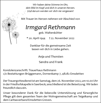 Anzeige von Irmgard Rethmann 