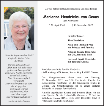Anzeige von Marianne Hendricks-van Geuns 