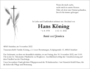 Anzeige von Hans Köning 