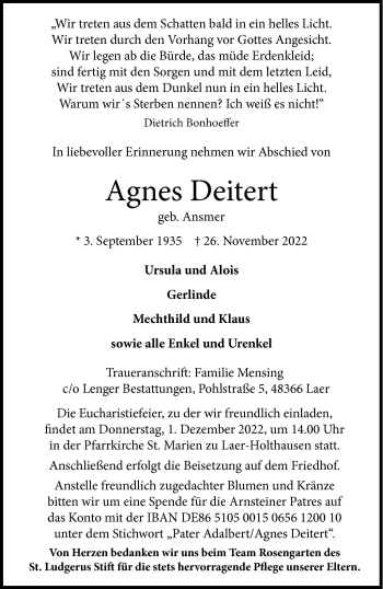 Anzeige von Agnes Deitert 