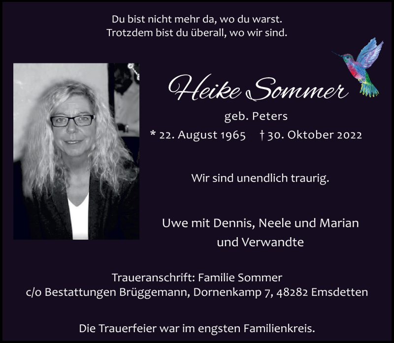 Traueranzeige für Heike Sommer vom 12.11.2022 aus 