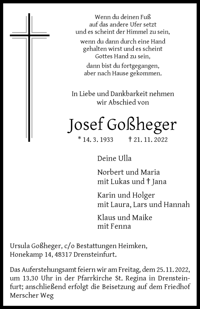  Traueranzeige für Josef Goßheger vom 24.11.2022 aus 