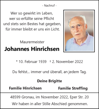 Anzeige von Johannes Hinrichsen 