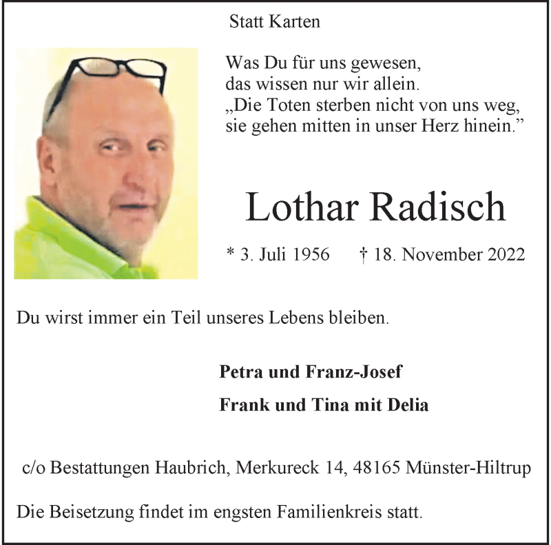  Traueranzeige für Lothar Radisch vom 26.11.2022 aus 