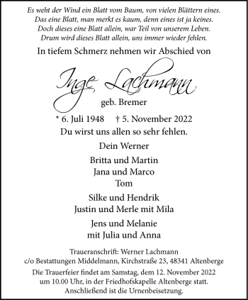 Anzeige von Inge Lachmann 