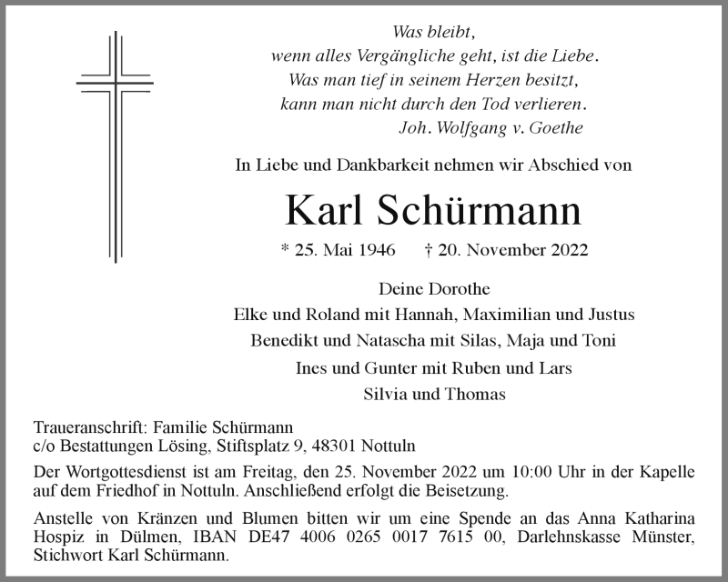  Traueranzeige für Karl Schürmann vom 23.11.2022 aus 