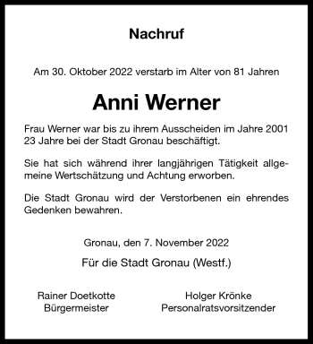 Anzeige von Anni Werner 