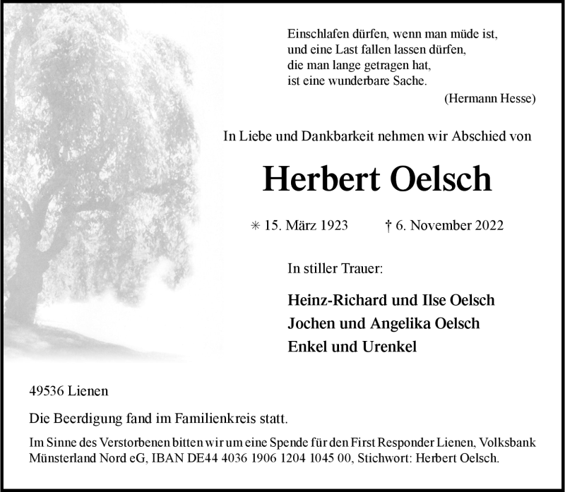  Traueranzeige für Herbert Oelsch vom 12.11.2022 aus 