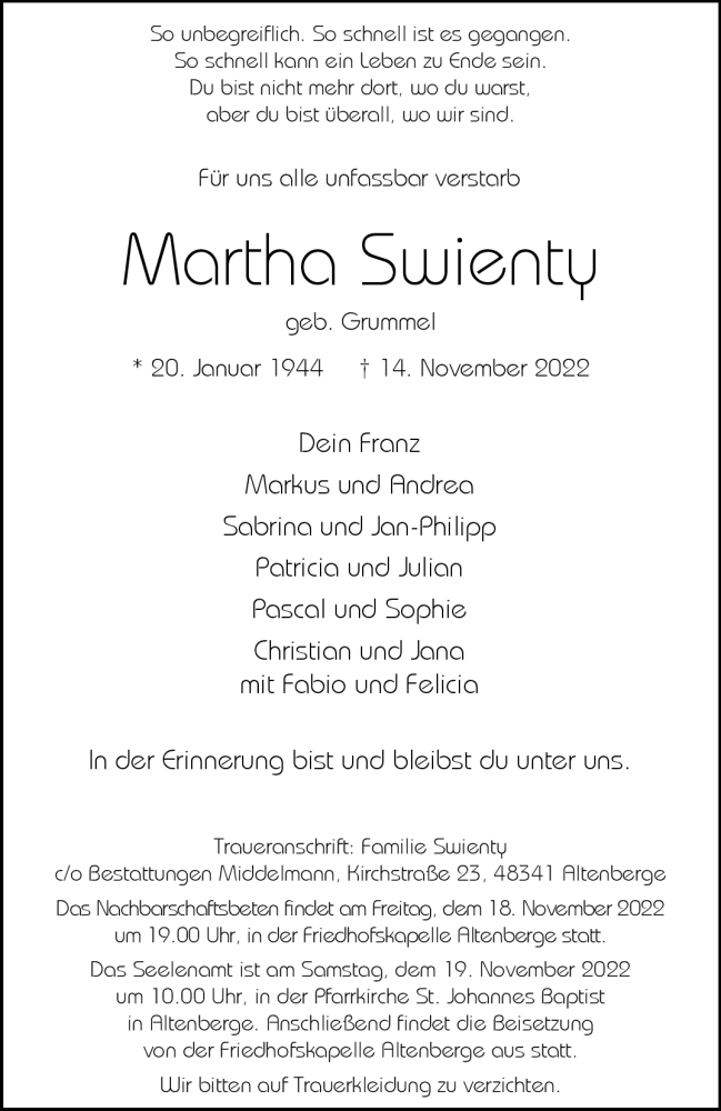  Traueranzeige für Martha Swienty vom 17.11.2022 aus 