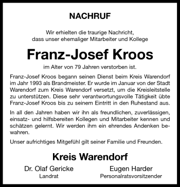 Anzeige von Franz-Josef Kroos 