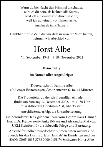Anzeige von Horst Albe 