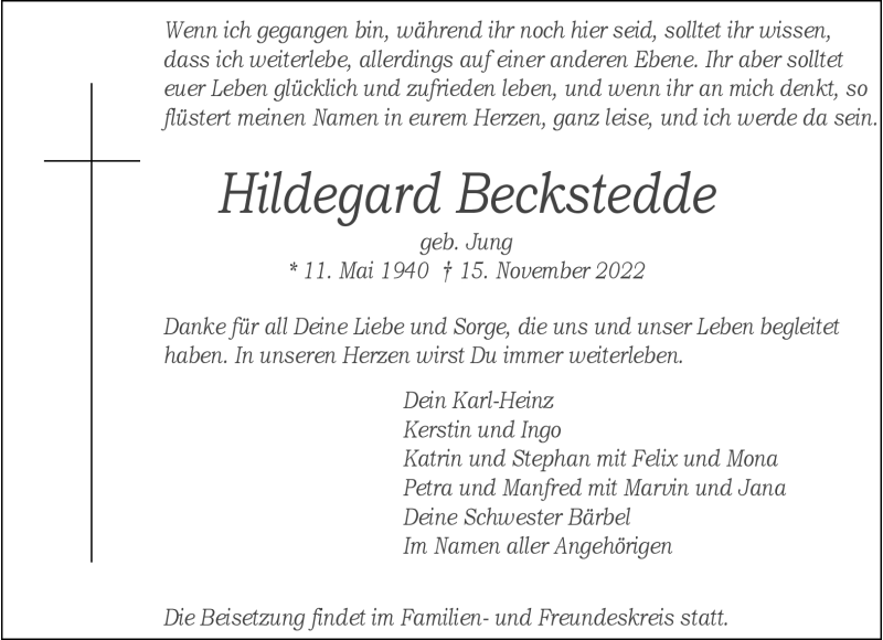  Traueranzeige für Hildegard Beckstedde vom 19.11.2022 aus 