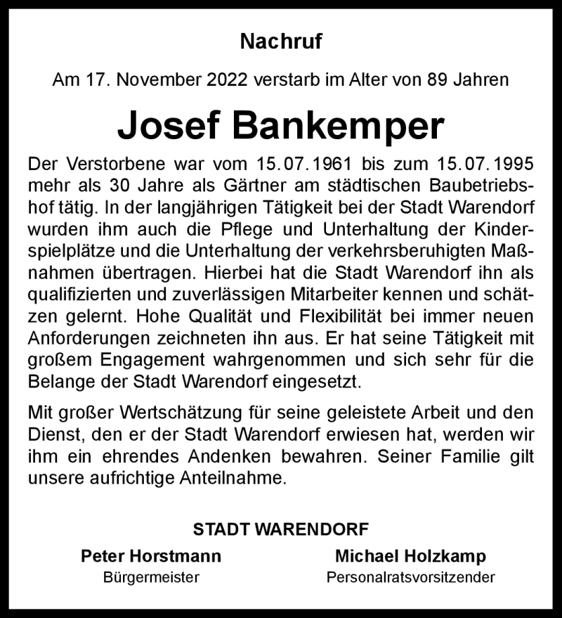  Traueranzeige für Josef Bankemper vom 23.11.2022 aus 