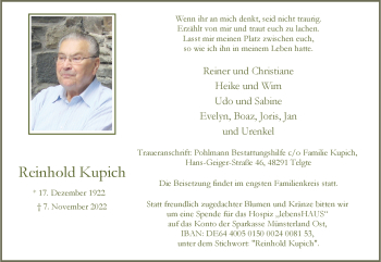 Anzeige von Reinhold Kupich 