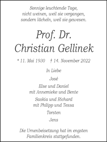 Anzeige von Prof. Dr. Christian Gellinek 