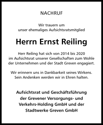 Anzeige von Ernst Reiling 