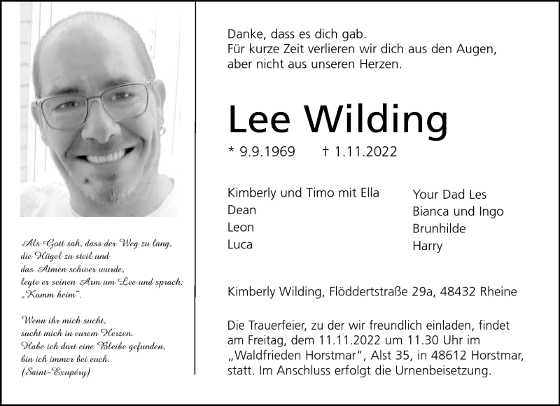  Traueranzeige für Lee Wilding vom 05.11.2022 aus 