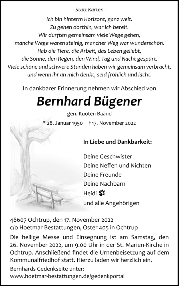  Traueranzeige für Bernhard Bügener vom 22.11.2022 aus 