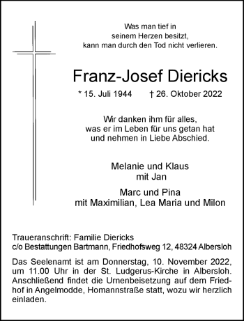 Anzeige von Franz-Josef Diericks 