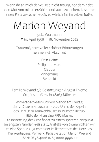 Anzeige von Marion Weyand 