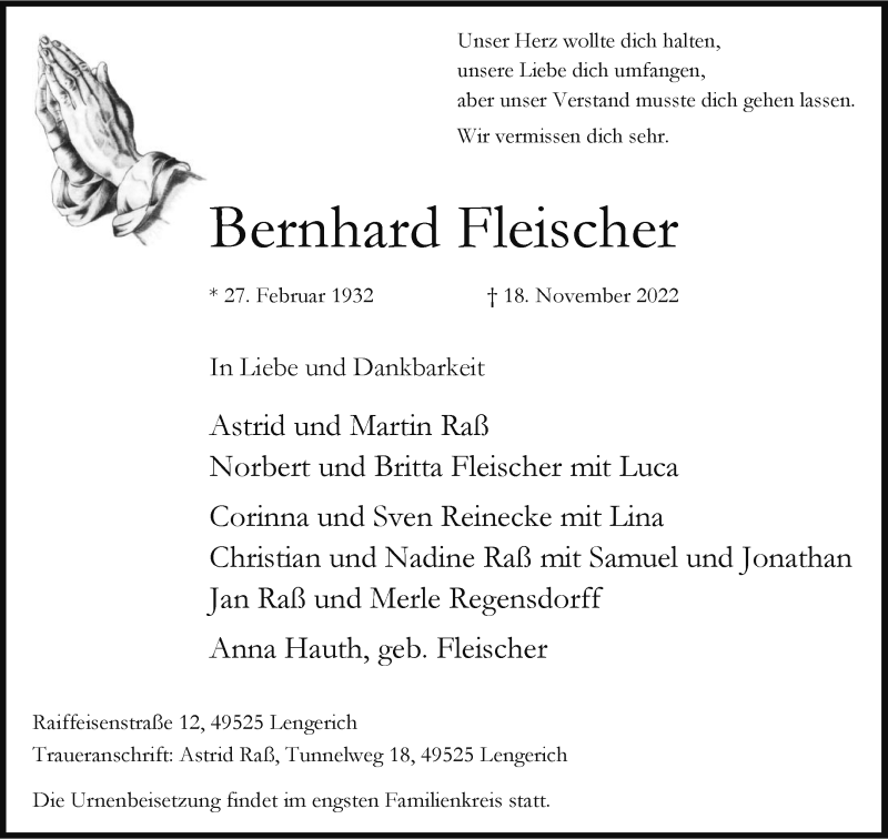  Traueranzeige für Bernhard Fleischer vom 26.11.2022 aus 