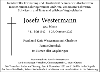 Anzeige von Josefa Westermann 