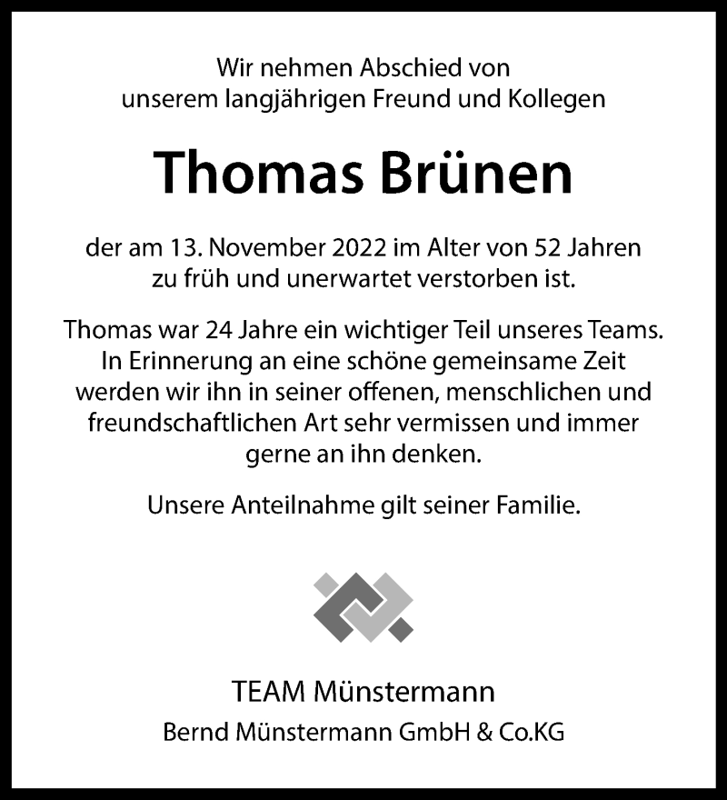  Traueranzeige für Thomas Brünen vom 26.11.2022 aus 