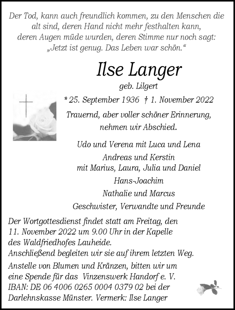  Traueranzeige für Ilse Langer vom 09.11.2022 aus 