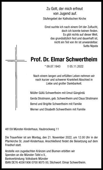 Anzeige von Prof. Dr. Elmar Schwertheim 